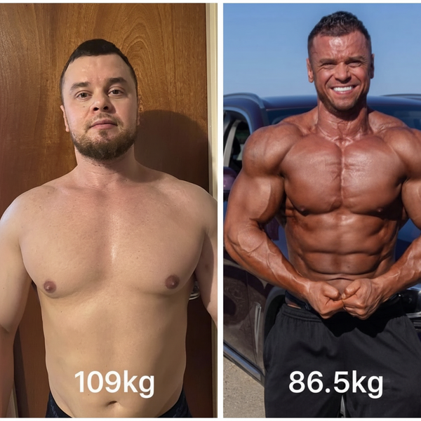 Iulian Gradinaru on stage after winning first place at his debut amateur bodybuilding competition, 2022