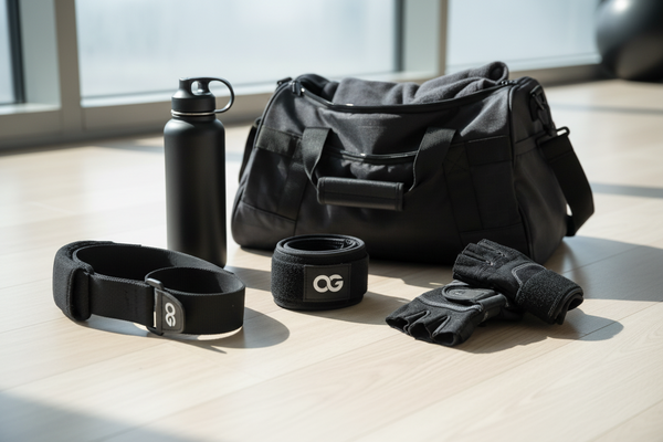 OG gym accessories flat lay including lifting straps, wrist straps, gloves and water bottle on gym floor