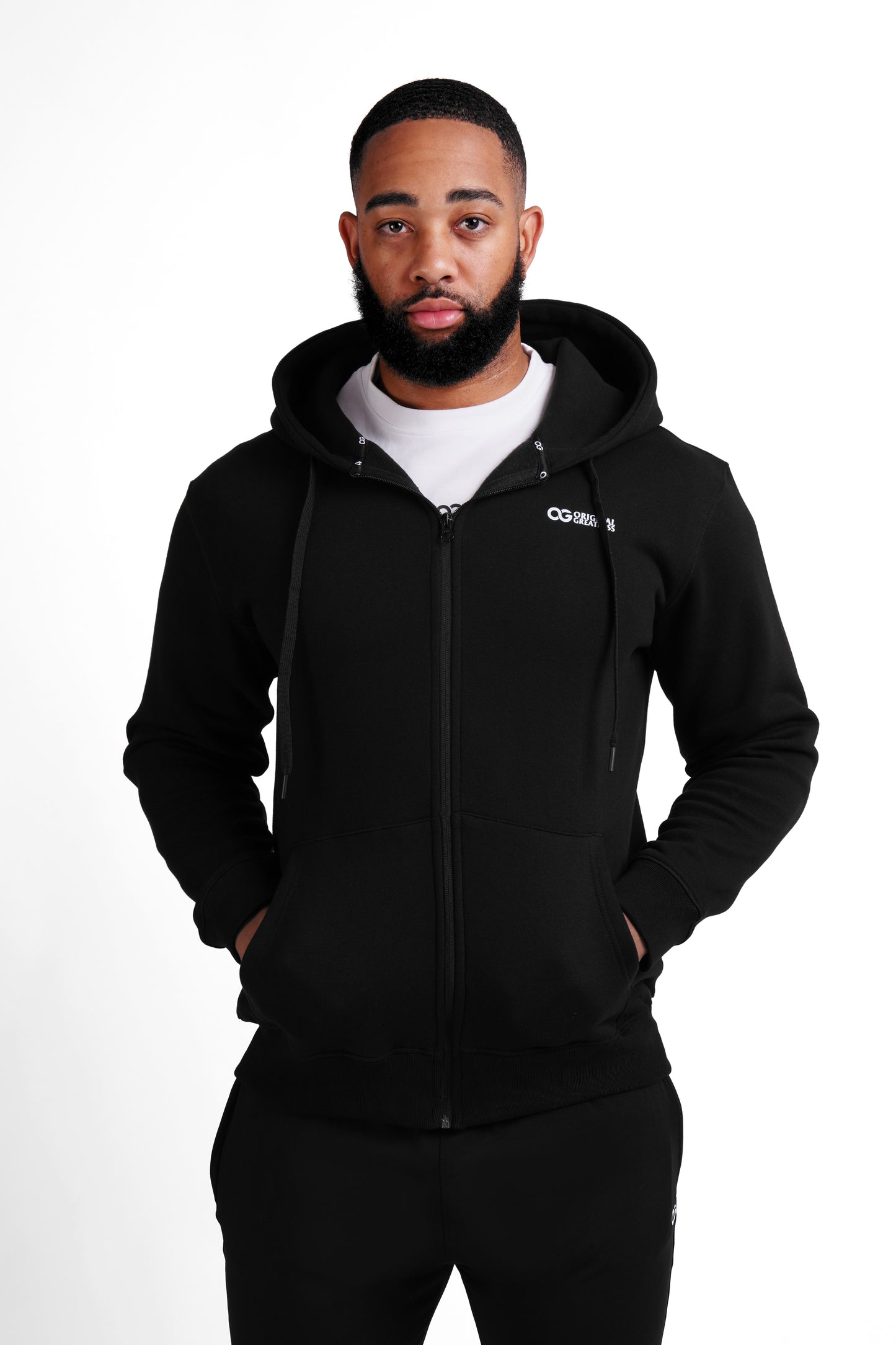OG Men's Performance Zip Hoodie Black - Male Model Front View - Original Greatnes