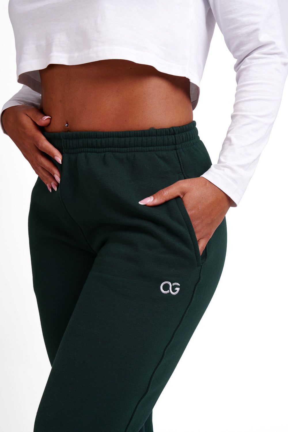 OG Women's Straight Leg Joggers Forest Green - Side view, relaxed straight leg fit, OG logo embroidery - Original Greatness