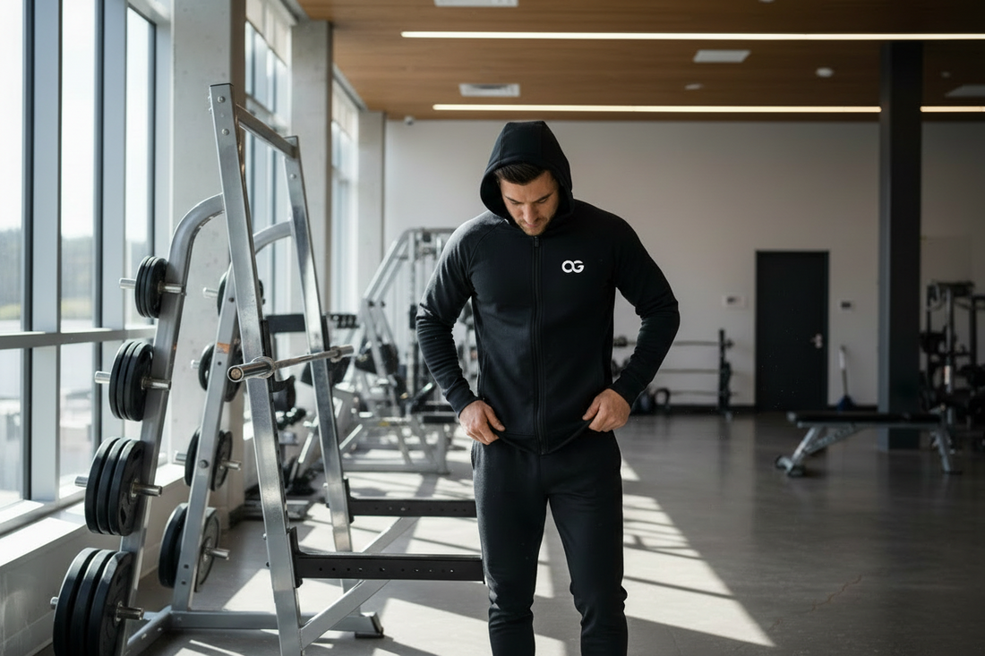 OG men's gym hoodie with Original Greatness logo on chest, worn during training session