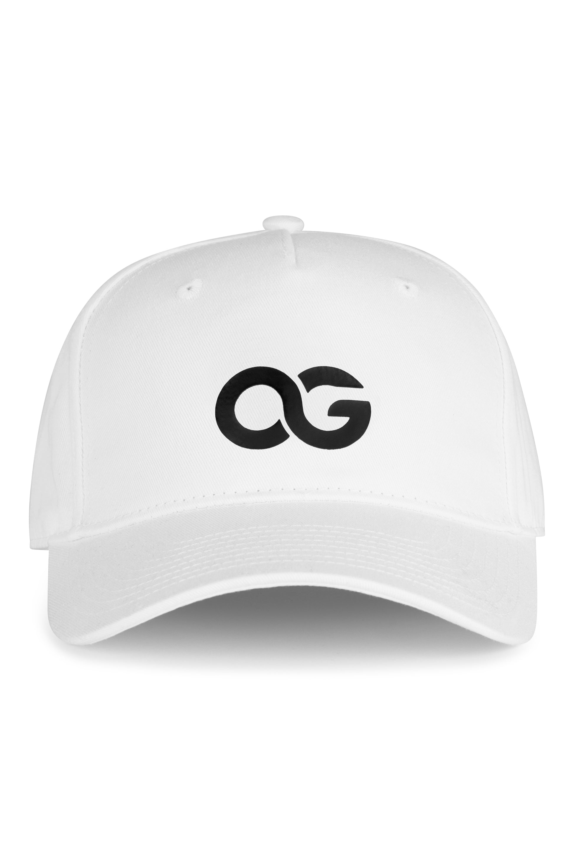 White athletic cap with black OG logo on the front panel, flat product view