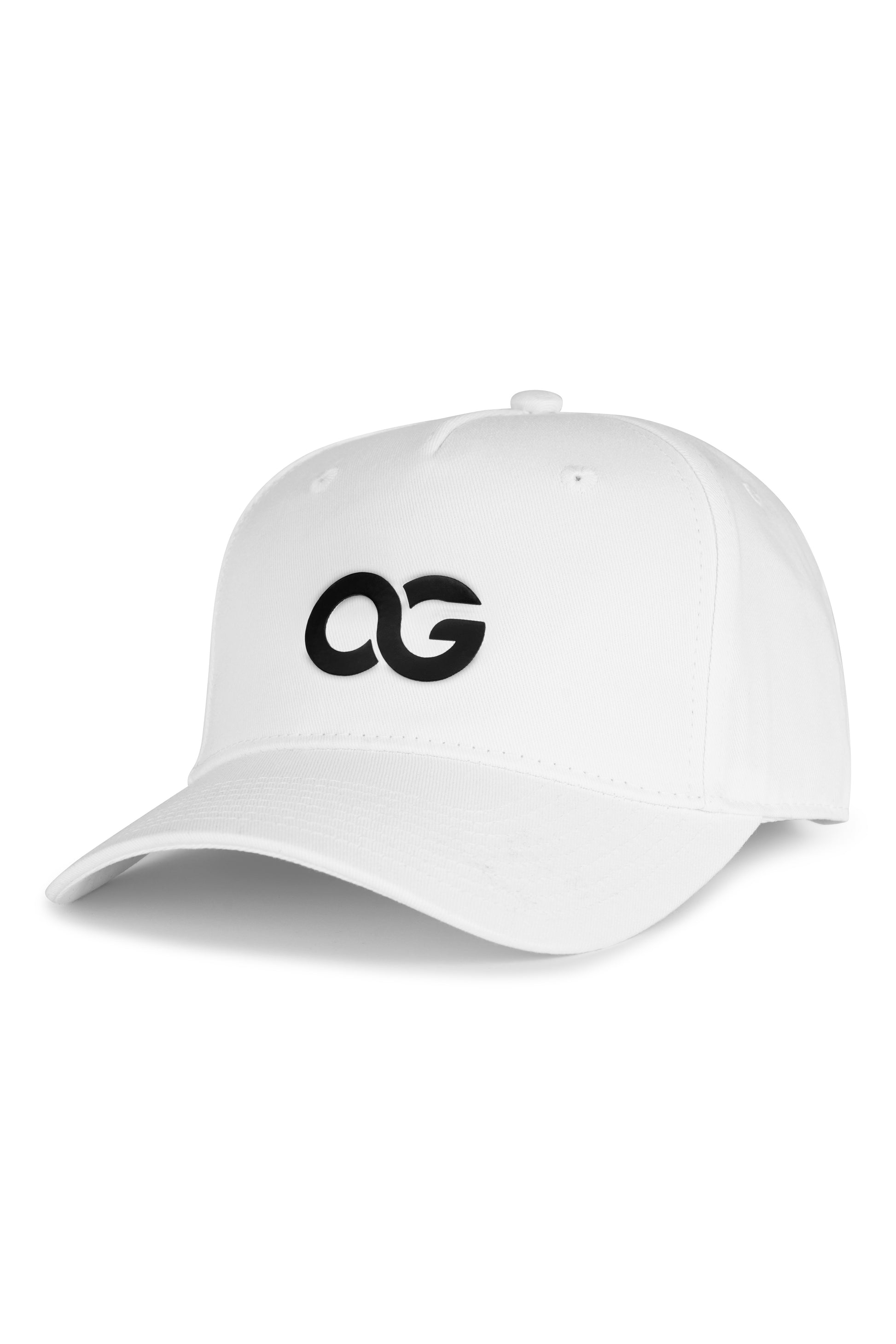 White OG cap shown at an angle, structured fit with curved brim and black logo