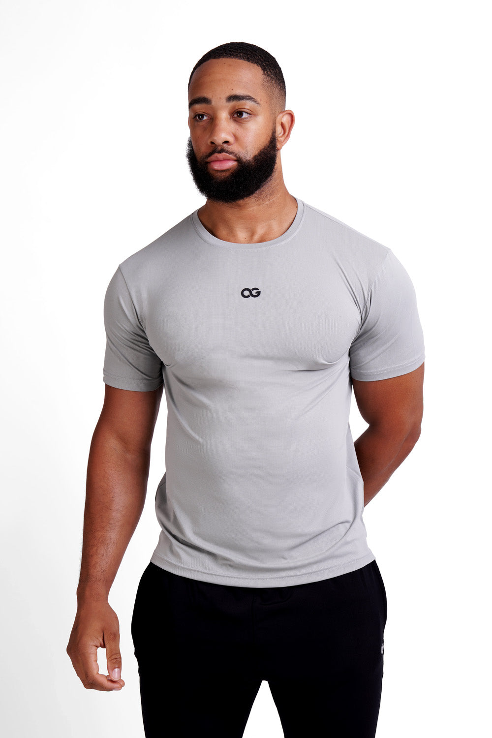 OG Men's Premium Performance Tee Grey - Front view, muscle fit, black OG logo on chest - Original Greatness
