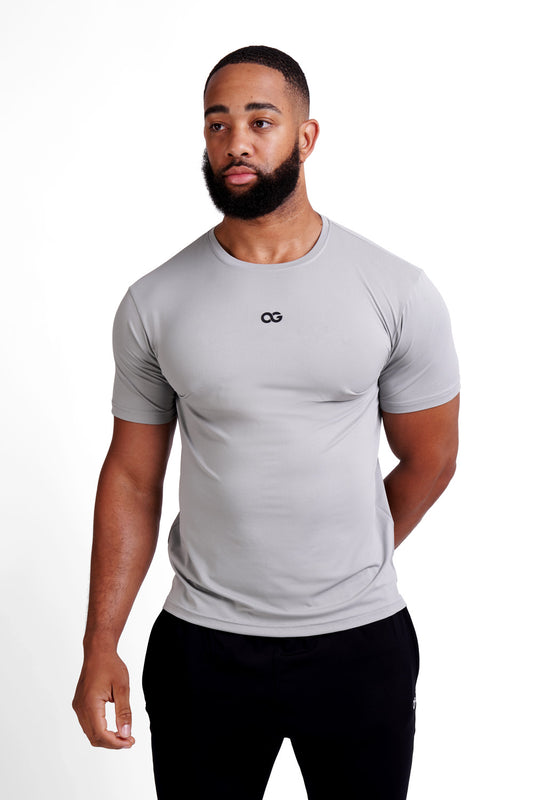 OG Men's Premium Performance Tee Grey - Front view, muscle fit, black OG logo on chest - Original Greatness
