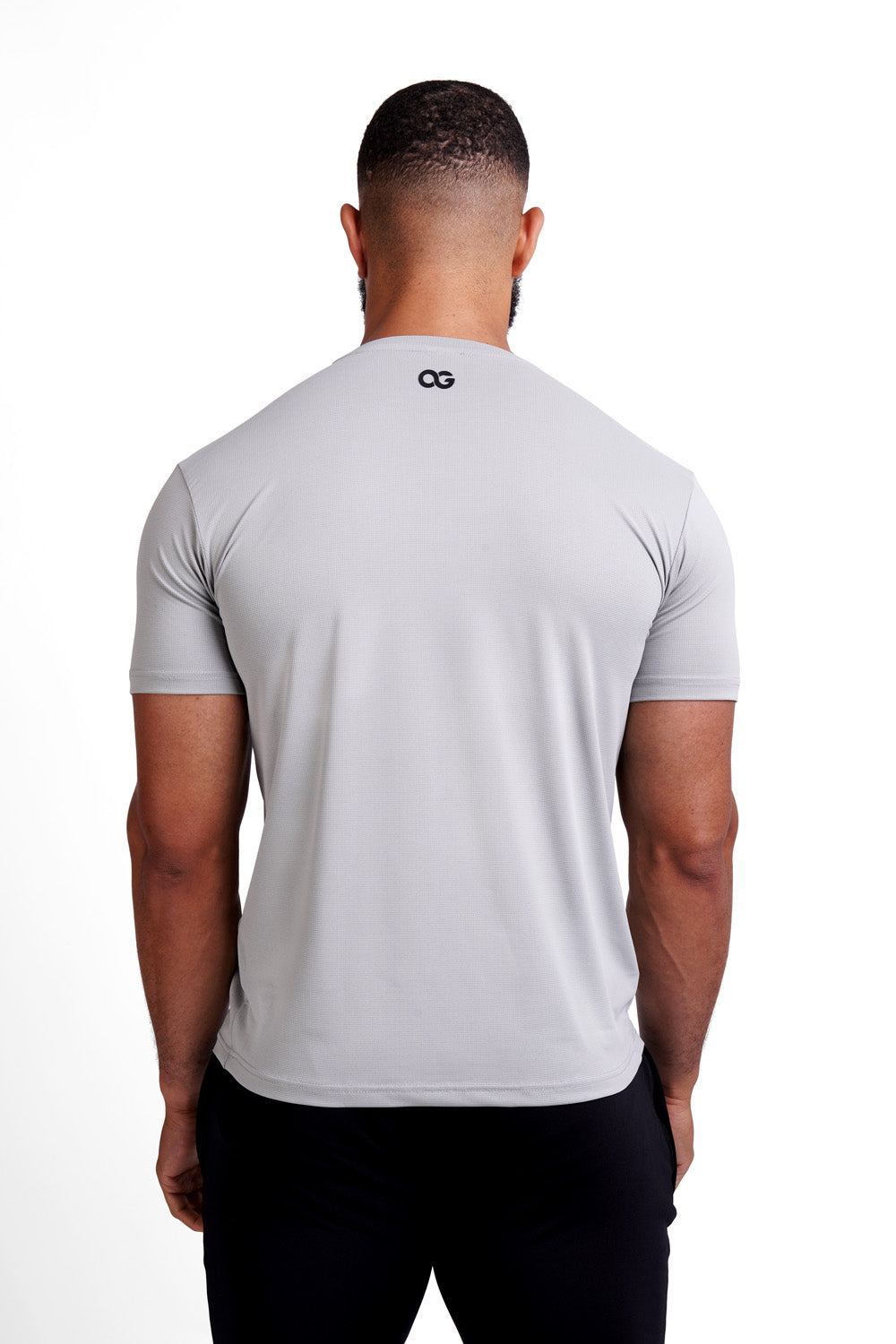 OG Men's Premium Performance Tee Grey - Back view, black OG logo at neckline - Original Greatness