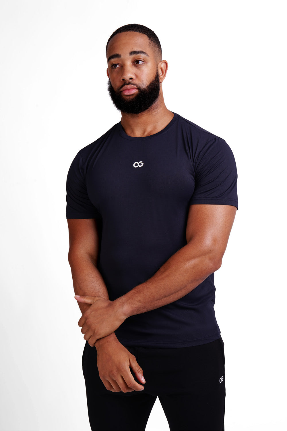 OG Men's Premium Performance Tee Midnight Navy - Front view, muscle fit, white OG logo on chest - Original Greatness