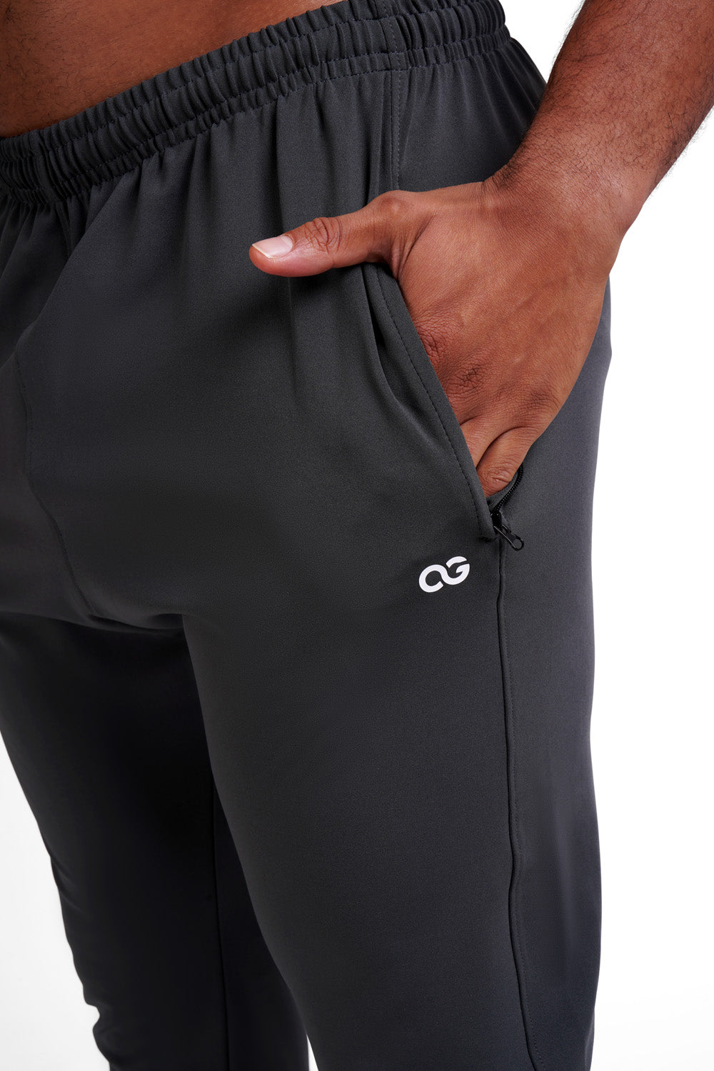 Close-up of the Silver Grey OG training pants showing the zip side pocket and white OG logo detail