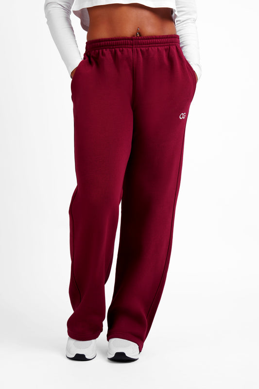 OG Women's Straight Leg Joggers Burgundy - Front view, elastic waistband, OG logo embroidery - Original Greatness
