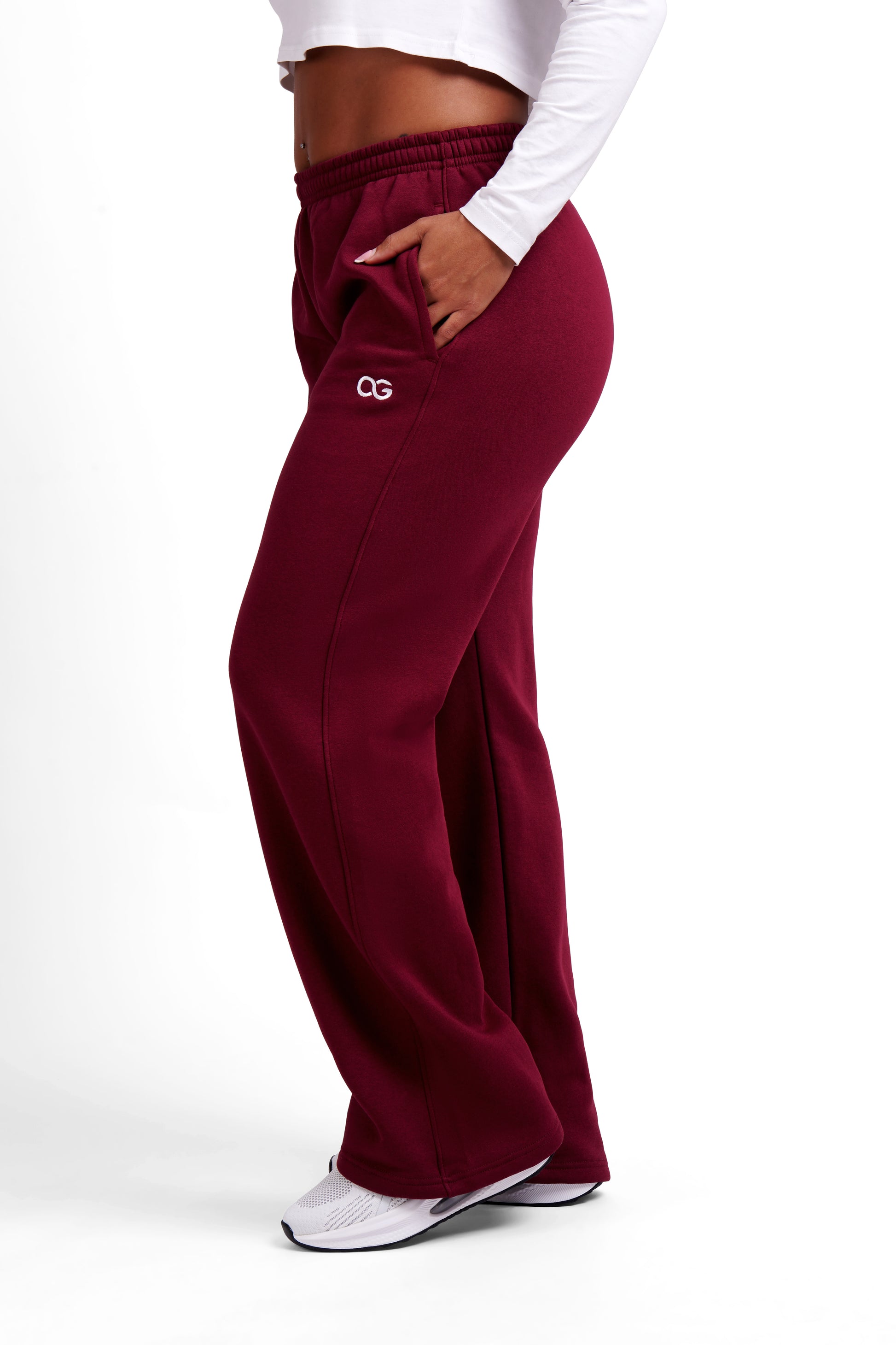 OG Women's Straight Leg Joggers Burgundy - Side view, relaxed straight leg fit, side pockets - Original Greatness