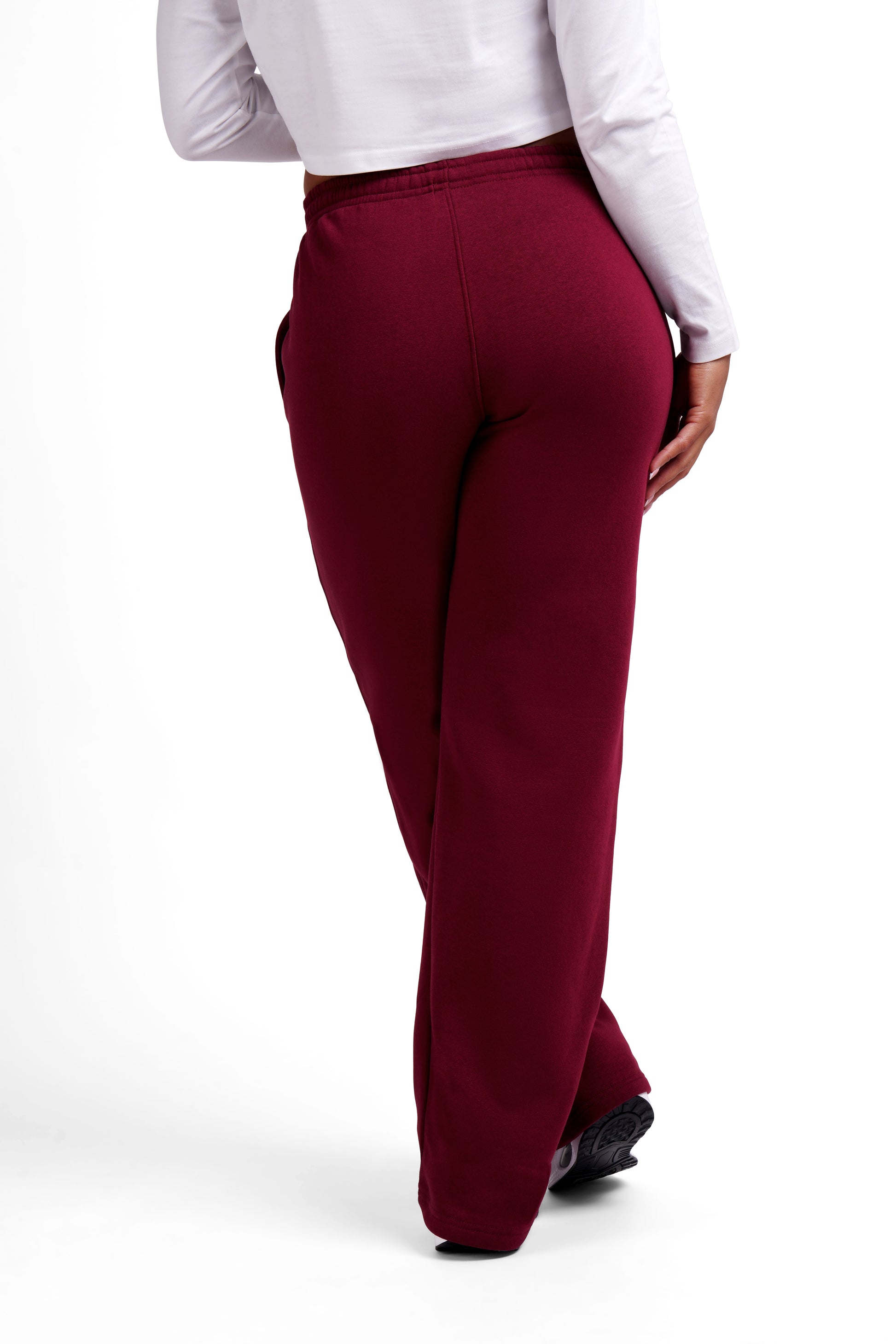 OG Women's Straight Leg Joggers Burgundy - Back view, high waist, straight leg silhouette - Original Greatness