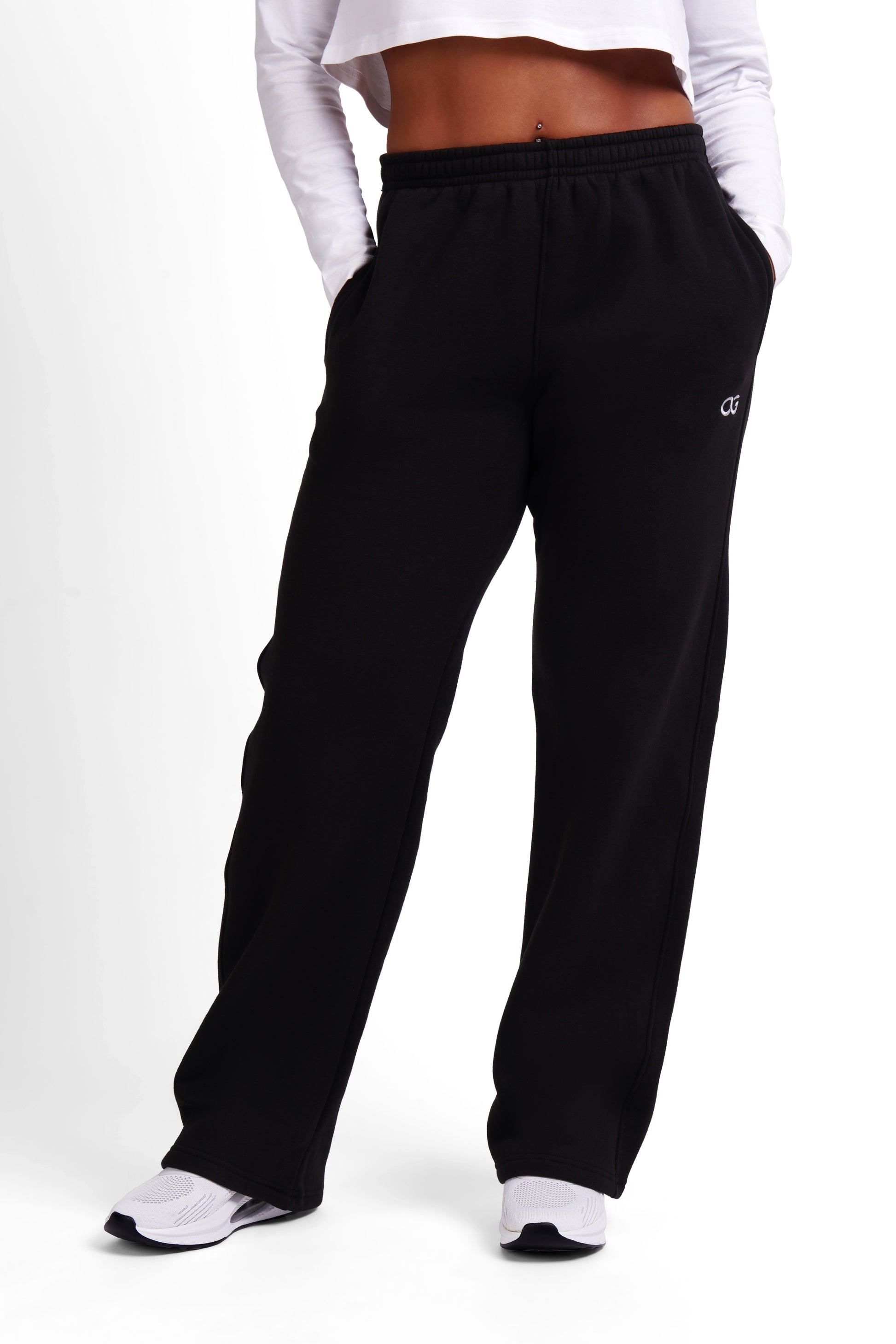 OG Women's Straight Leg Joggers Black - Angled front view, elastic waistband, straight leg fit - Original Greatness