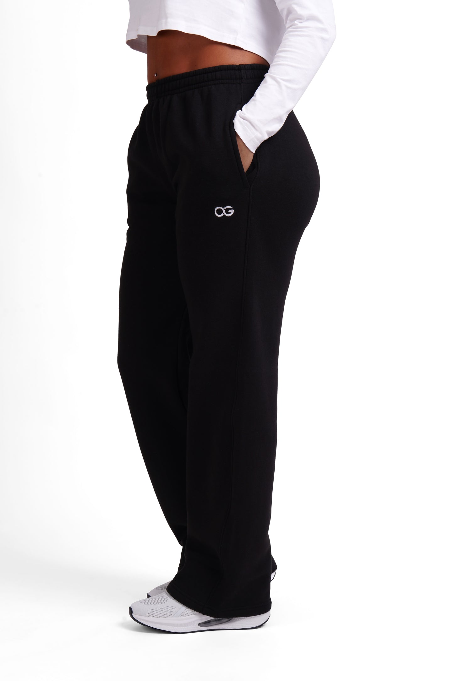 OG Women's Straight Leg Joggers Black - Side view, relaxed straight leg fit, OG logo embroidery - Original Greatness