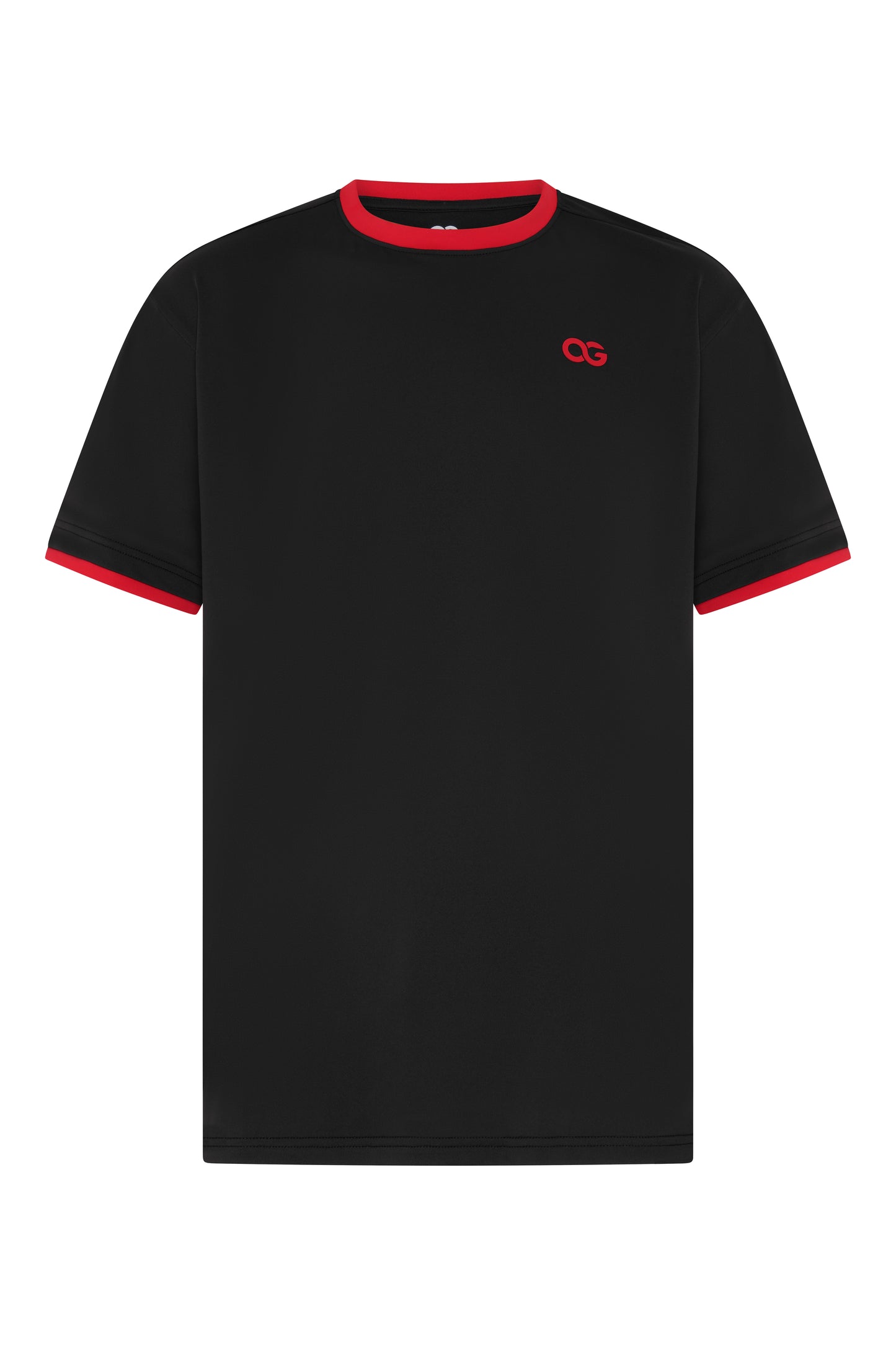 OG Performance Tee Black Red - Front View with Red Collar and Cuff Detail - Original Greatness