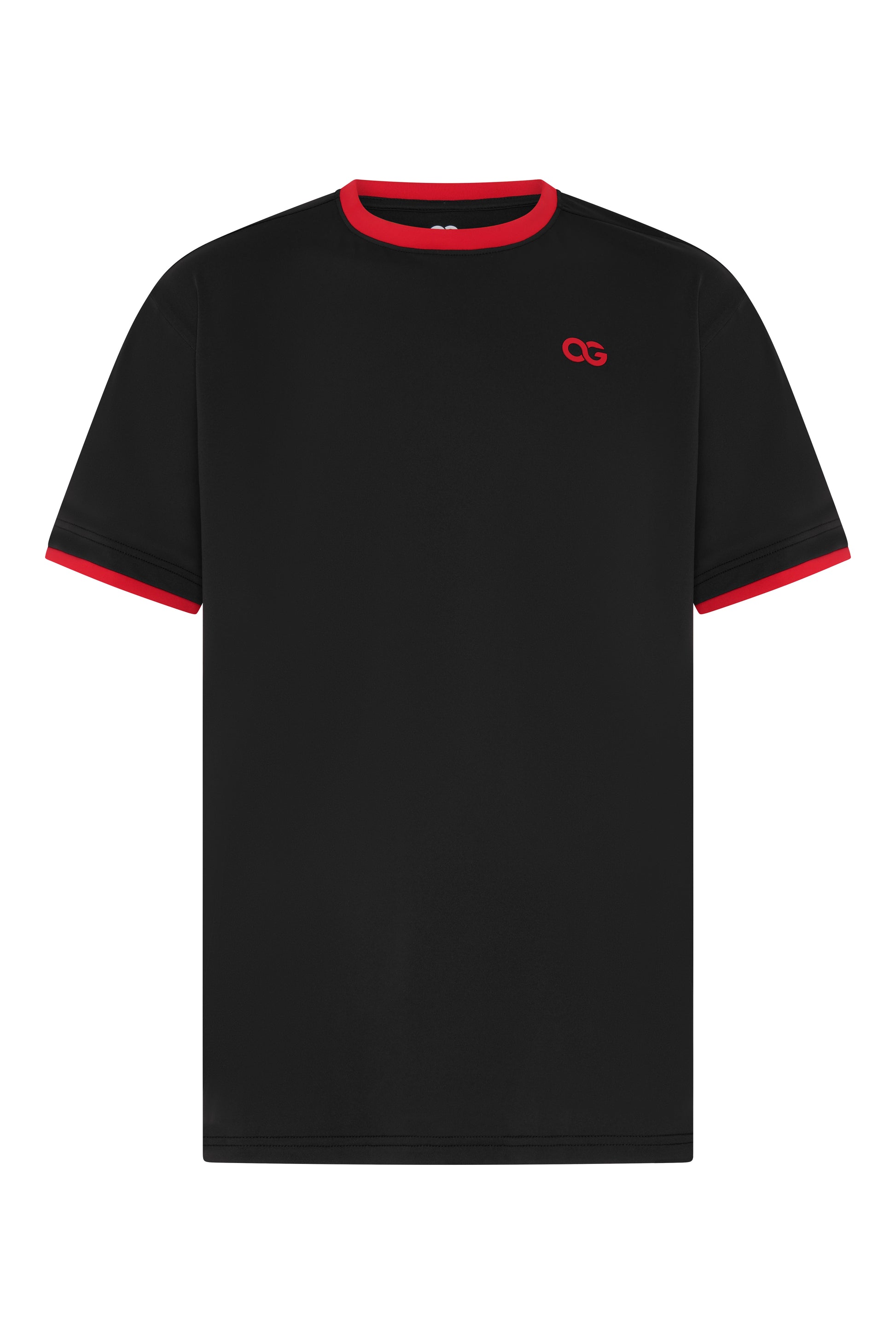 OG Performance Tee Black Red - Front View with Red Collar and Cuff Detail - Original Greatness
