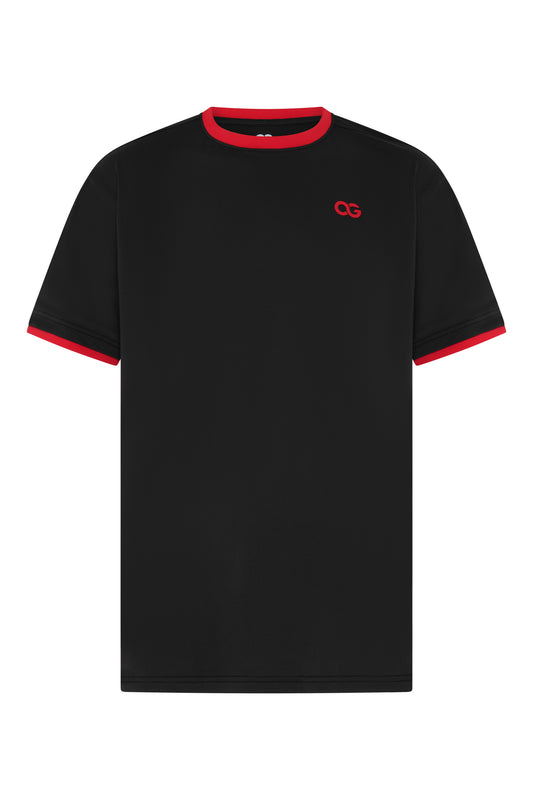 OG Performance Tee Black Red - Front View with Red Collar and Cuff Detail - Original Greatness
