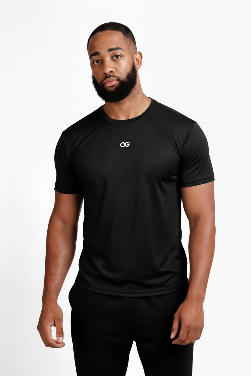 OG Men's Premium Performance Tee Black - Front view, muscle fit, white OG logo on chest - Original Greatness