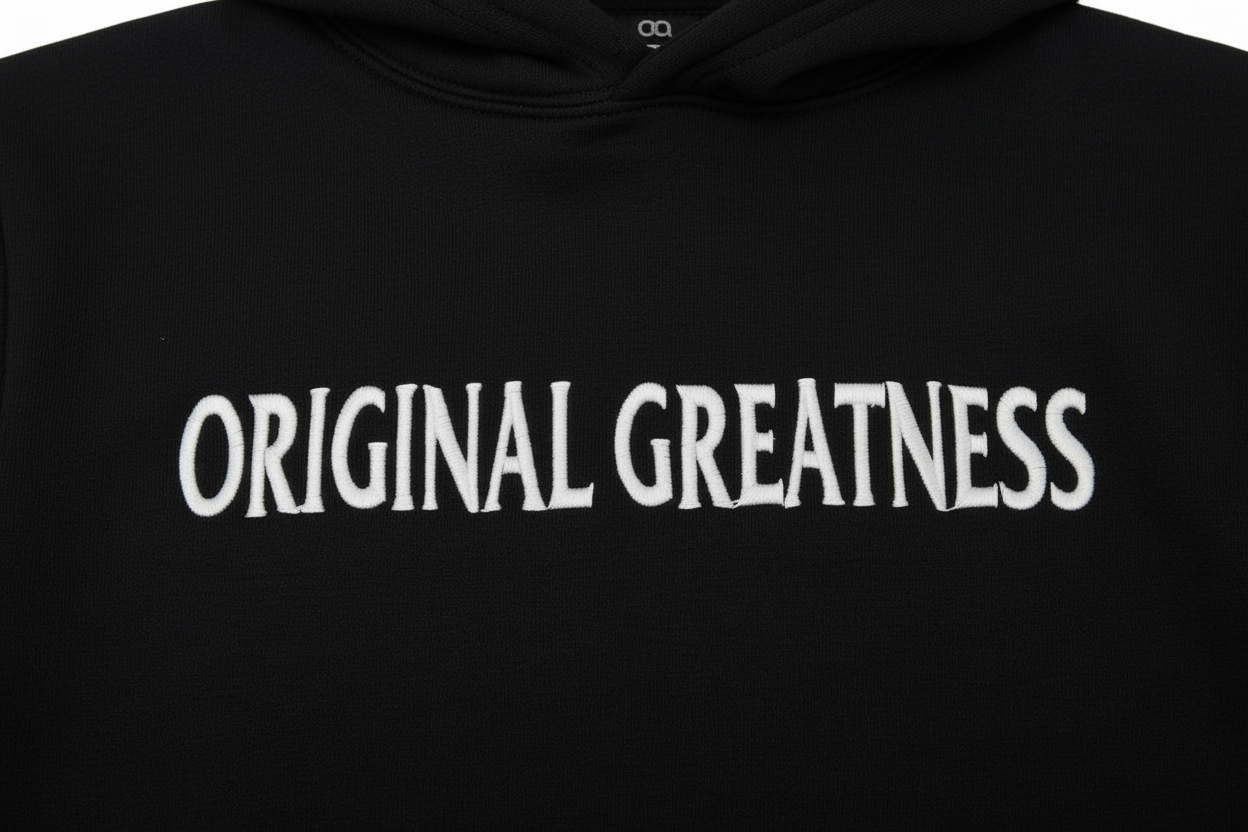 OG Essential Hoodie Black - OG logo close-up embroidery detail on chest - Original Greatness