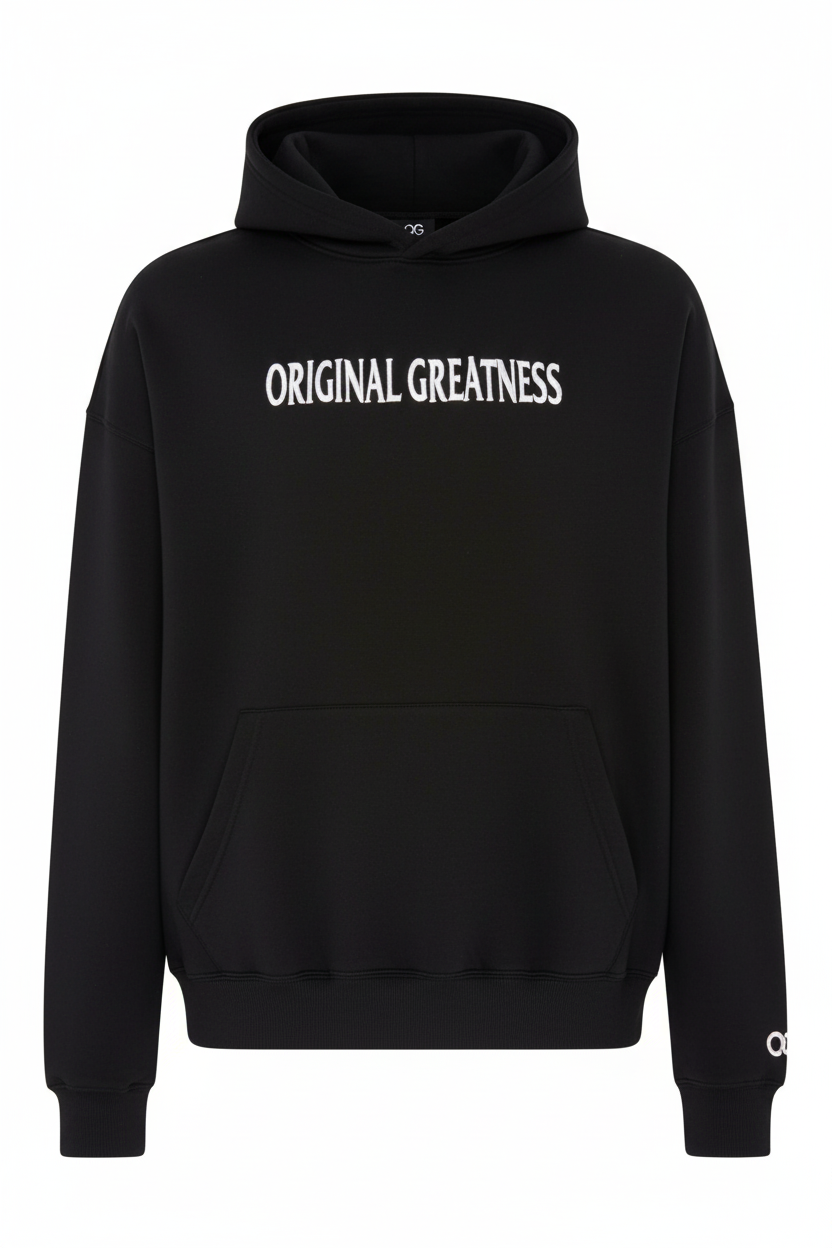 OG Essential Hoodie Black - Front View with Original Greatness Embroidery - Original Greatness