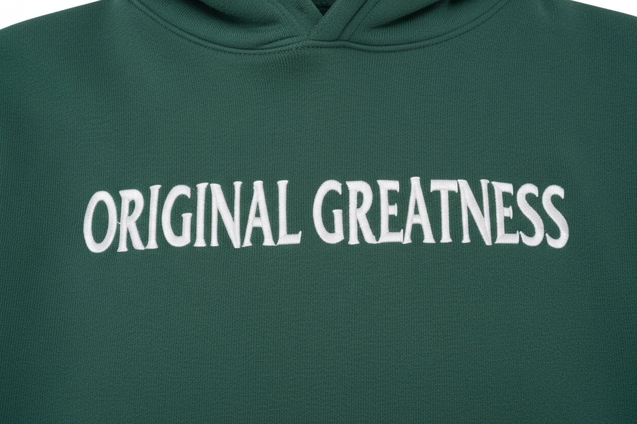 OG Essential Hoodie Green - OG logo close-up embroidery detail on chest - Original Greatness