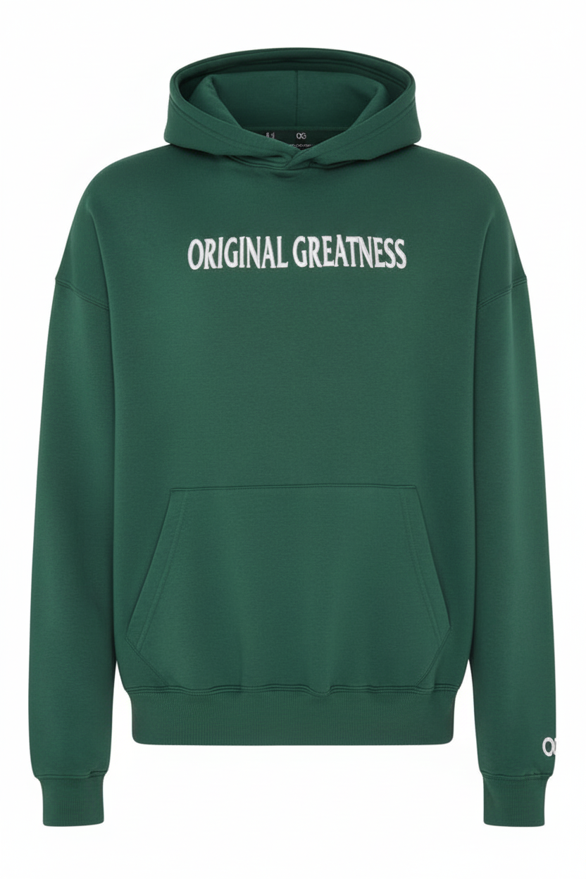OG Essential Hoodie Green - Front View with Original Greatness Embroidery - Original Greatness