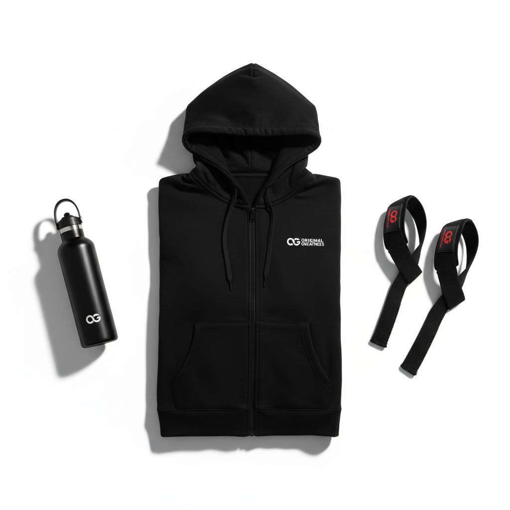 OG Train Ready Kit - Men's Performance Zip Hoodie, Insulated Water Bottle and Lifting Straps Bundle Flat Lay - Original Greatness