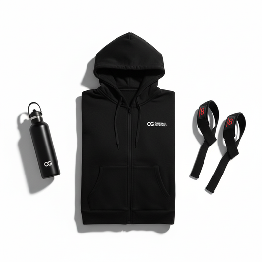 OG Train Ready Kit - Men's Performance Zip Hoodie, Insulated Water Bottle and Lifting Straps Bundle Flat Lay - Original Greatness